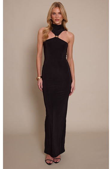Black Double Layer Slinky High Neck Trim Detail Maxi Dress
