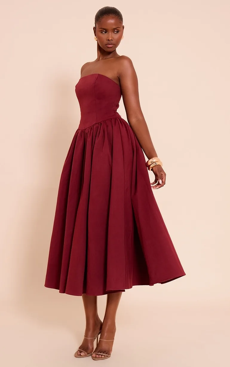Burgundy Woven Bandeau Ruched Skater Midaxi Dress - 2