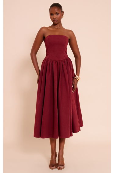 Burgundy Woven Bandeau Ruched Skater Midaxi Dress