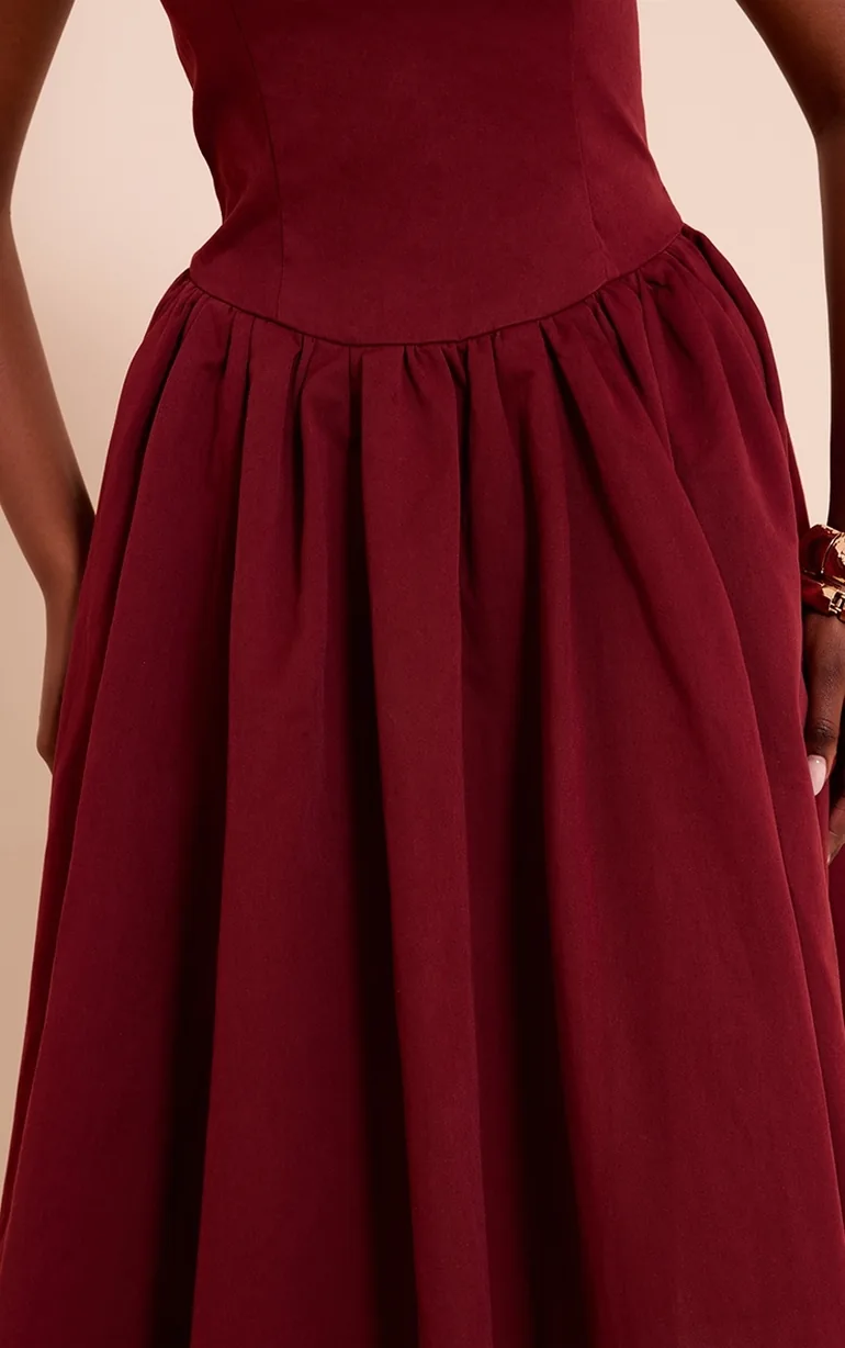 Burgundy Woven Bandeau Ruched Skater Midaxi Dress - 3