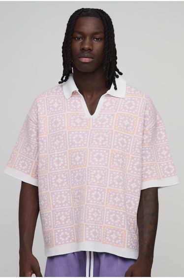 Oversized Boxy Crochet Square Knitted Polo - pink