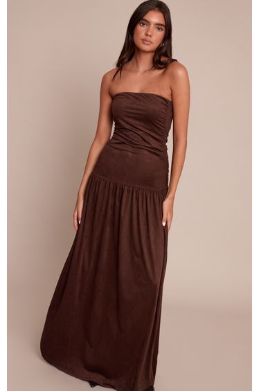 Chocolate Faux Suede Bandeau Dropped Waist Maxi Dress