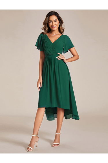 ever FAYE|Chic V Neck Asymmetrical Hem Ruffles Sleeve Pleated Chiffon Wedding Guest Dress
