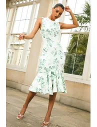 فستان ميدي بياقة عالية بذيل السمكة بطبعة بورسلين لون أخضر - 2