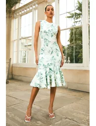 فستان ميدي بياقة عالية بذيل السمكة بطبعة بورسلين لون أخضر - 5