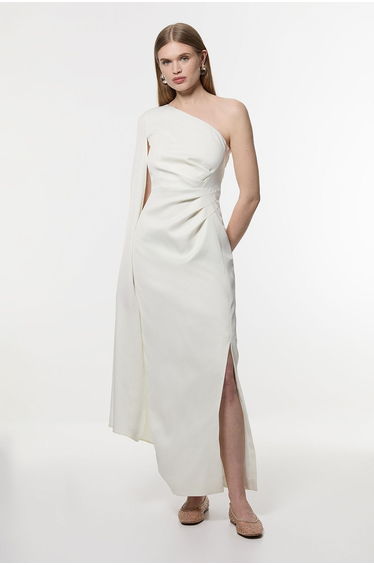 Petite Satin Drape One Shoulder Tailored Maxi Dress
