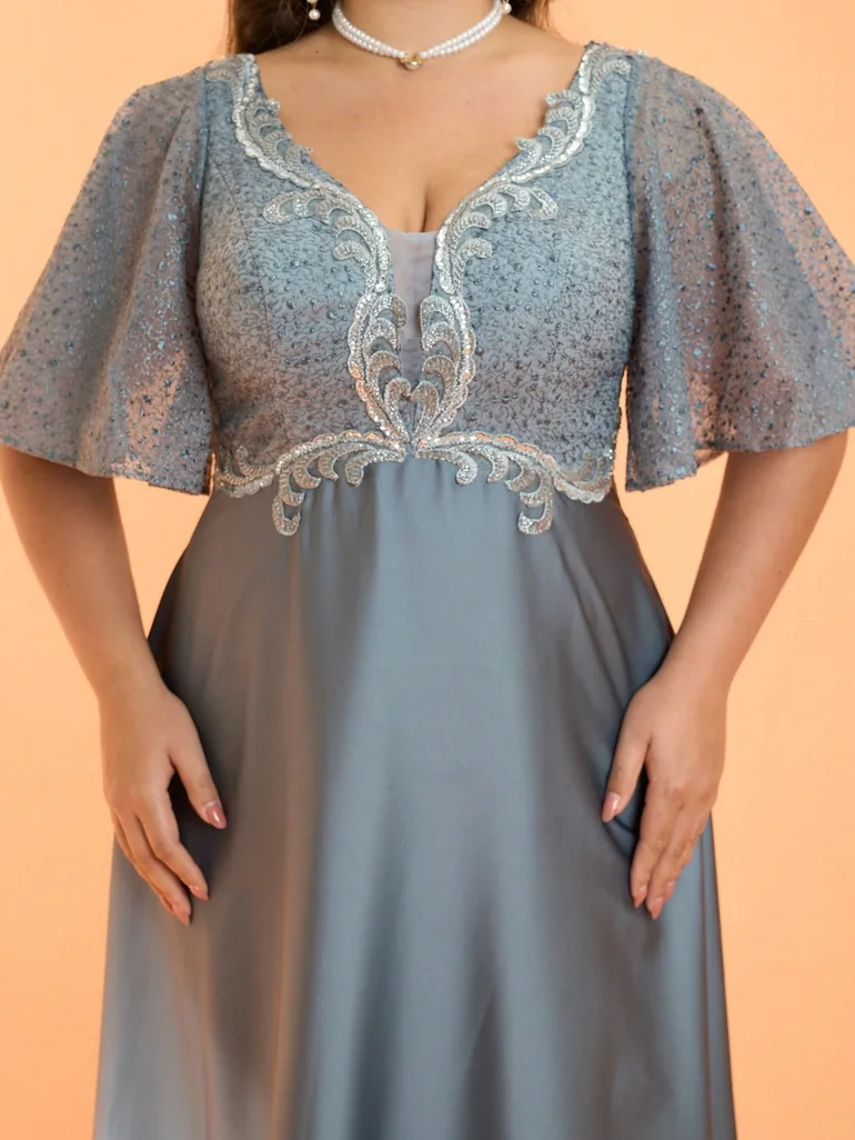 Leely Plus Women's Elegant V Neck Flounce Sleeve Party Dresses - 2