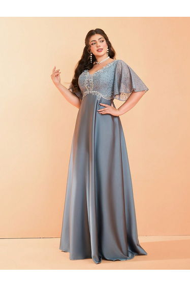 Leely Plus Women's Elegant V Neck Flounce Sleeve Party Dresses