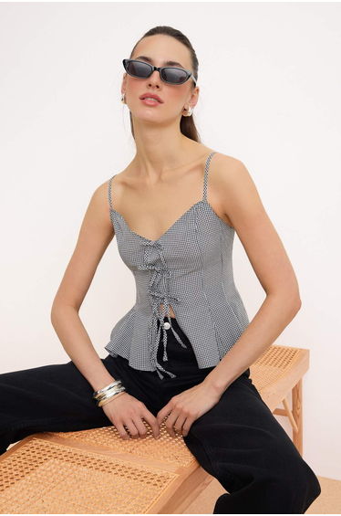 Black Godeli Woven Blouse with Front Tie Detail