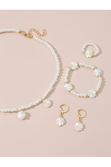 Set of 4 - Flower Pendant Faux Pearl Necklace, Bracelet, Earrings and Ring