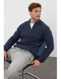 Indigo FL Regular Half Turtleneck Plain Knitwear Sweater - 4