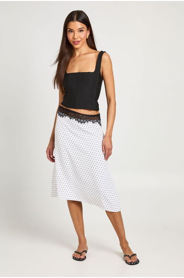Polka Dot Lace Waistband Woven Midi Skirt - ecru