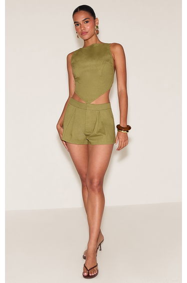 Khaki Linen Look Woven Tailored Shorts