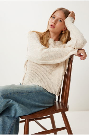 Women's Cream Textured Knitwear Sweater