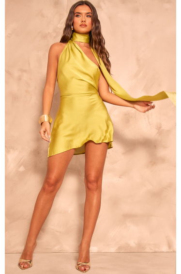 Lime Satin Scarf Detail Bodycon Dress