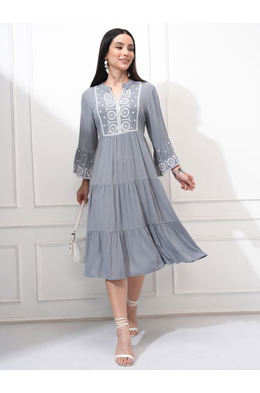 Women Embroidered Long Sleeves A-Line Midi Dress