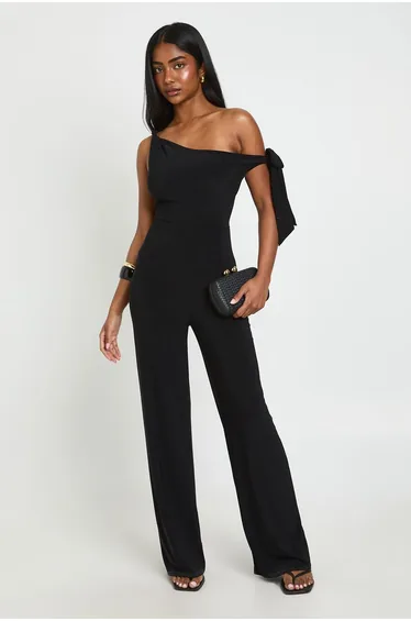 Slinky Asym Shoulder Wide Leg Jumpsuit - black
