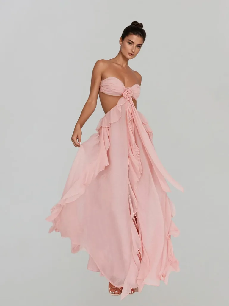 Fyntrix Strapless Ruffle Maxi Dress In Pink - 2