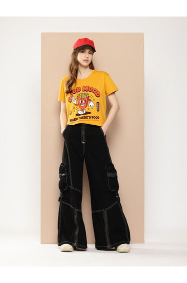 Women Yellow Boxy Fit Graphic Printed T-Shirt