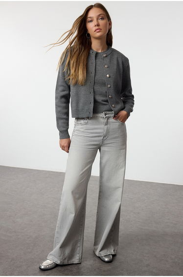 Anthracite Basic Cardigan-Blouse Knitwear Cardigan