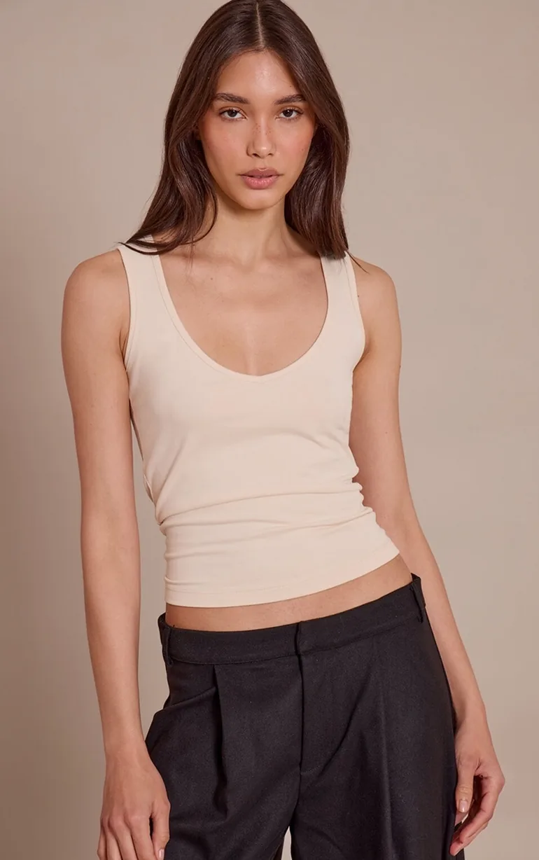 Oatmeal Soft Cotton V Neck Vest Top - 1