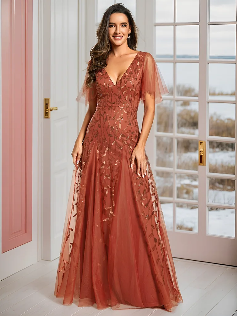 Deep V Neck Sequin Evening Gown With Short Sleeves - 3