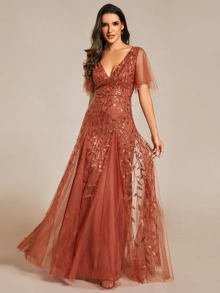 Deep V Neck Sequin Evening Gown With Short Sleeves