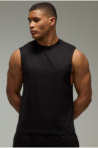 Man Active Gym Cotton Drop Armhole Regular Fit Tank - black