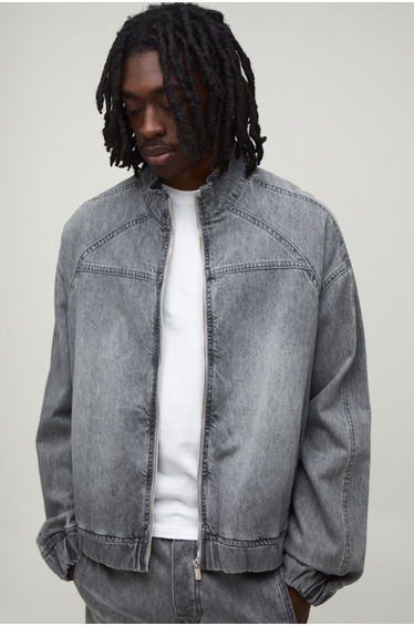 Washed Denim Panelled Track Jacket - stone