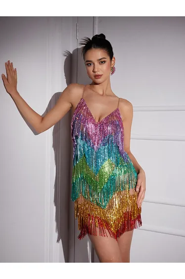 Indy V Neck Rainbow Crystal Fringe Mini Dress