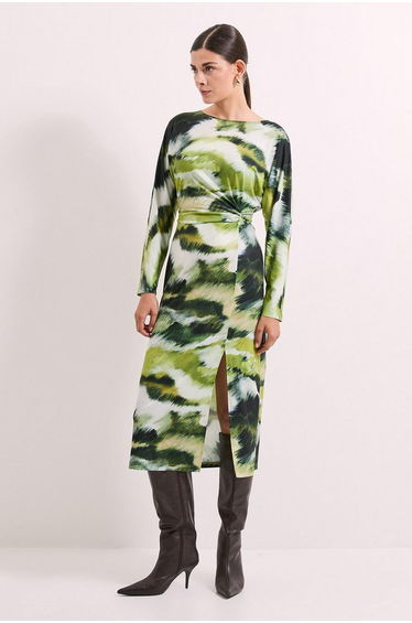 Green Printed Batwing Jersey Midi Dress