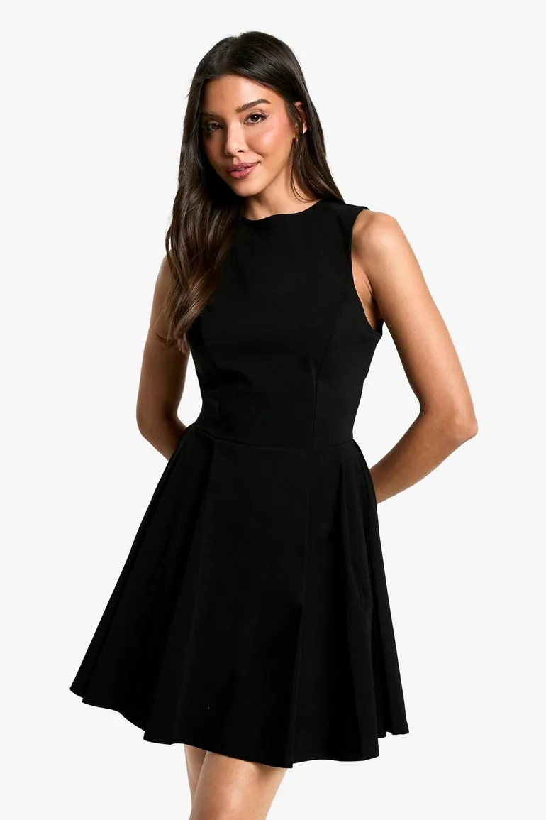 black skater dress open back boohoo Women's Slinky Halterneck Backless Skater Dress in Black | Size: 4