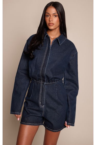 Tall Raw Indigo Long Sleeve Denim Playsuit