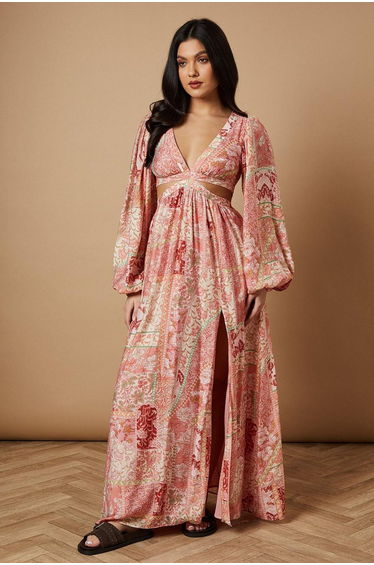 Printed Long Sleeve Cut Out Side Detail Dress