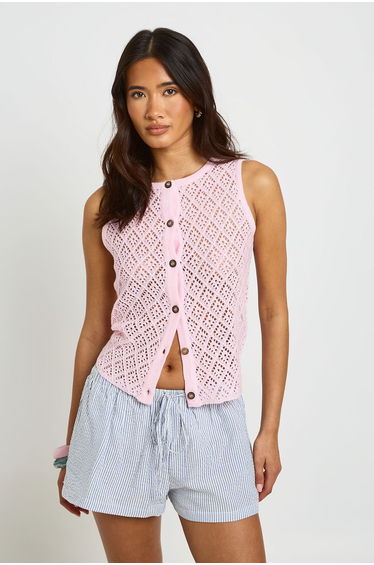Crochet Button Down Knitted Waistcoat - pink