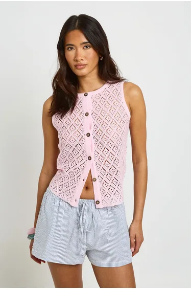 Crochet Button Down Knitted Waistcoat - pink