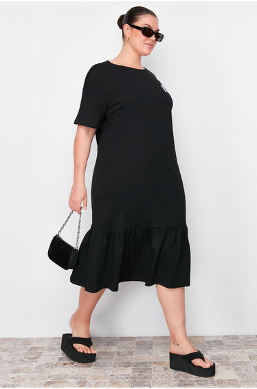 Black Gathered and Label Detailed Knitted T-shirt Dress