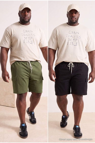 Plus Size Black-Khaki 2 Pack Regular Cut Cargo Pocket Drawstring Shorts