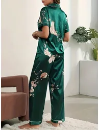 Women Graphic Print Short Sleeve Shirt and Pyjama Set - 2