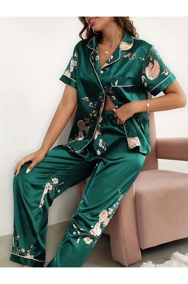 Women Graphic Print Short Sleeve Shirt and Pyjama Set