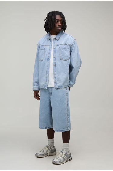 Studded Longline Denim Jorts - light blue