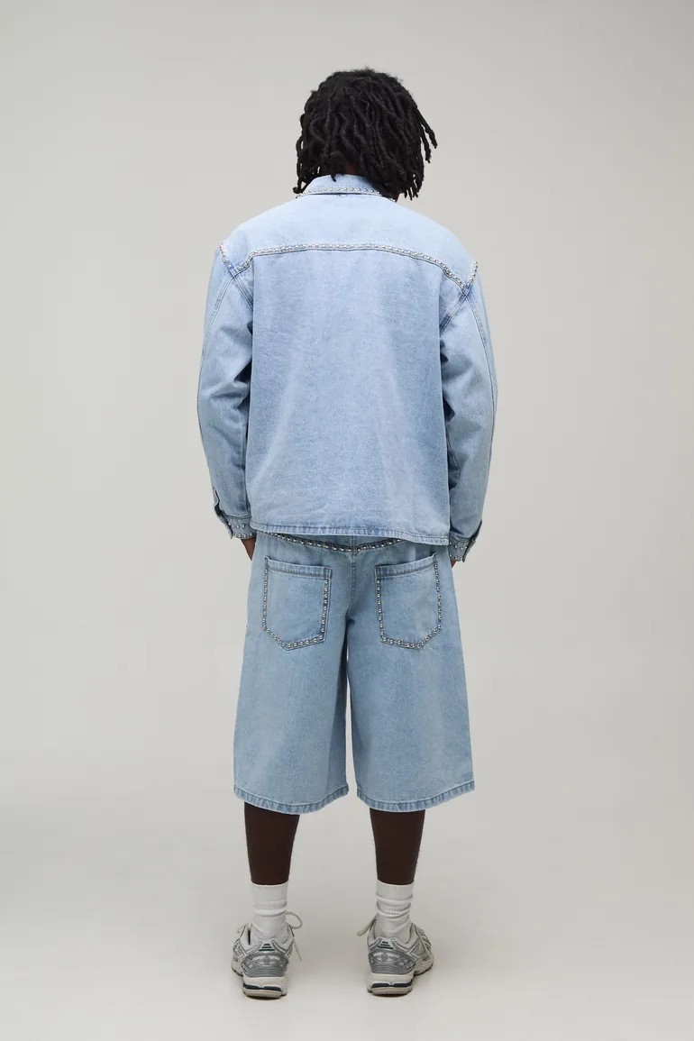 Studded Longline Denim Jorts - light blue - 2