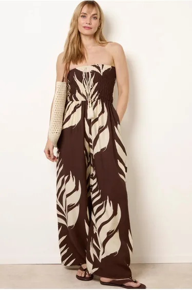 Printed Bandeau Tie Neck Shirred Jumpsuit