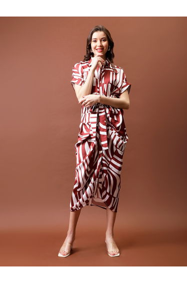 Printed Satin Shirt Midi Dress with Pleated Detail