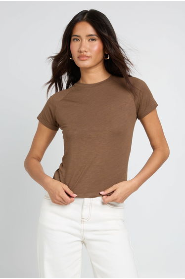Slub Raglan Sleeve Fitted Top - chocolate