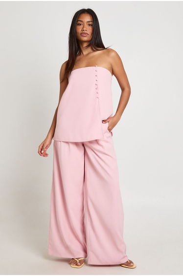 Concealed Waistband Wide Leg Tailored Trousers - pink