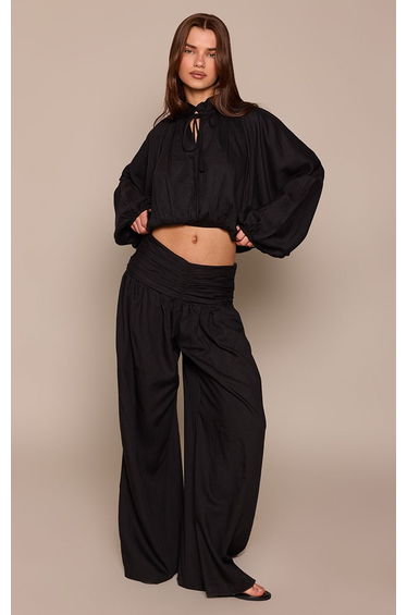 Black Linen Collared Balloon Style Top