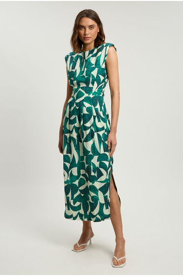 Viscose linen geo print woven pintuck midi dress