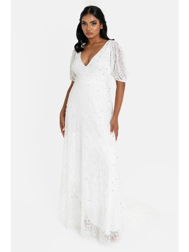 Maya Bridal Embellished V Neck Maxi Dress with Keyhole Back & Train