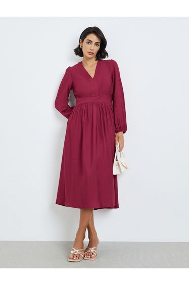 Women Red Balloon Sleeves A-Line Midi Dress